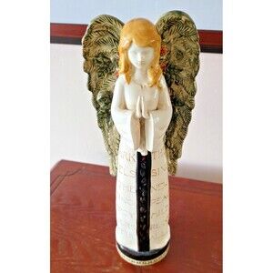 Beautiful Fair Hair 12" Ceramic Angel in Prayer w Pine Wings Figure